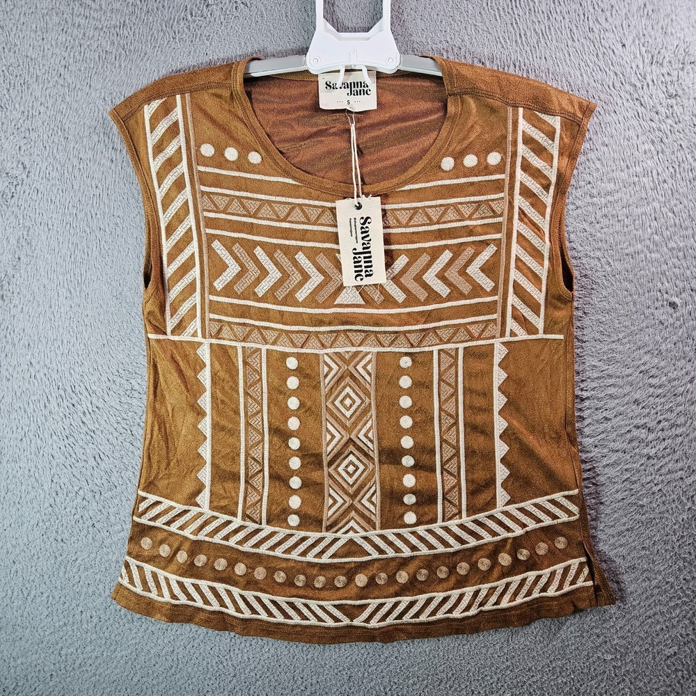 NEW Savanna Jane Embroidered Top Boho Women Small Beige Brown Preppy
